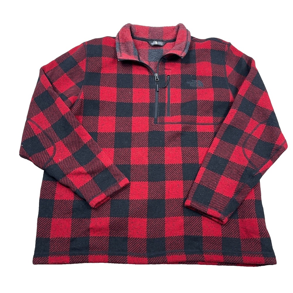 North Face Sweater Men XXL Red Black Buffalo Plaid Pullover 1/2 Zip Gordon Lyons